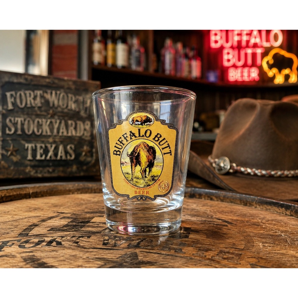 Buffalo Butt Beer Shot Glass Rahr & Sons Fort Worth Texas H3 Ranch Breweriana